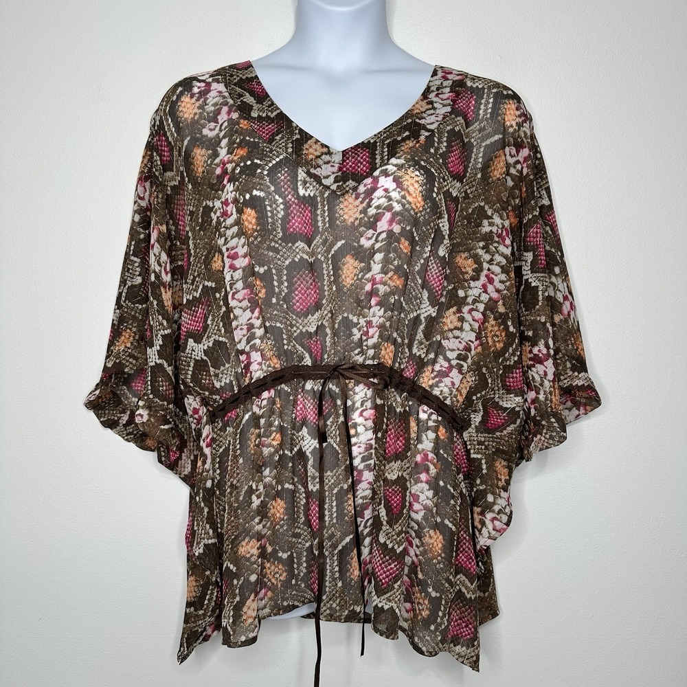 Lane Bryant Sheer Kimono Top Size 18 Brown Animal Print Ruffle Flowy